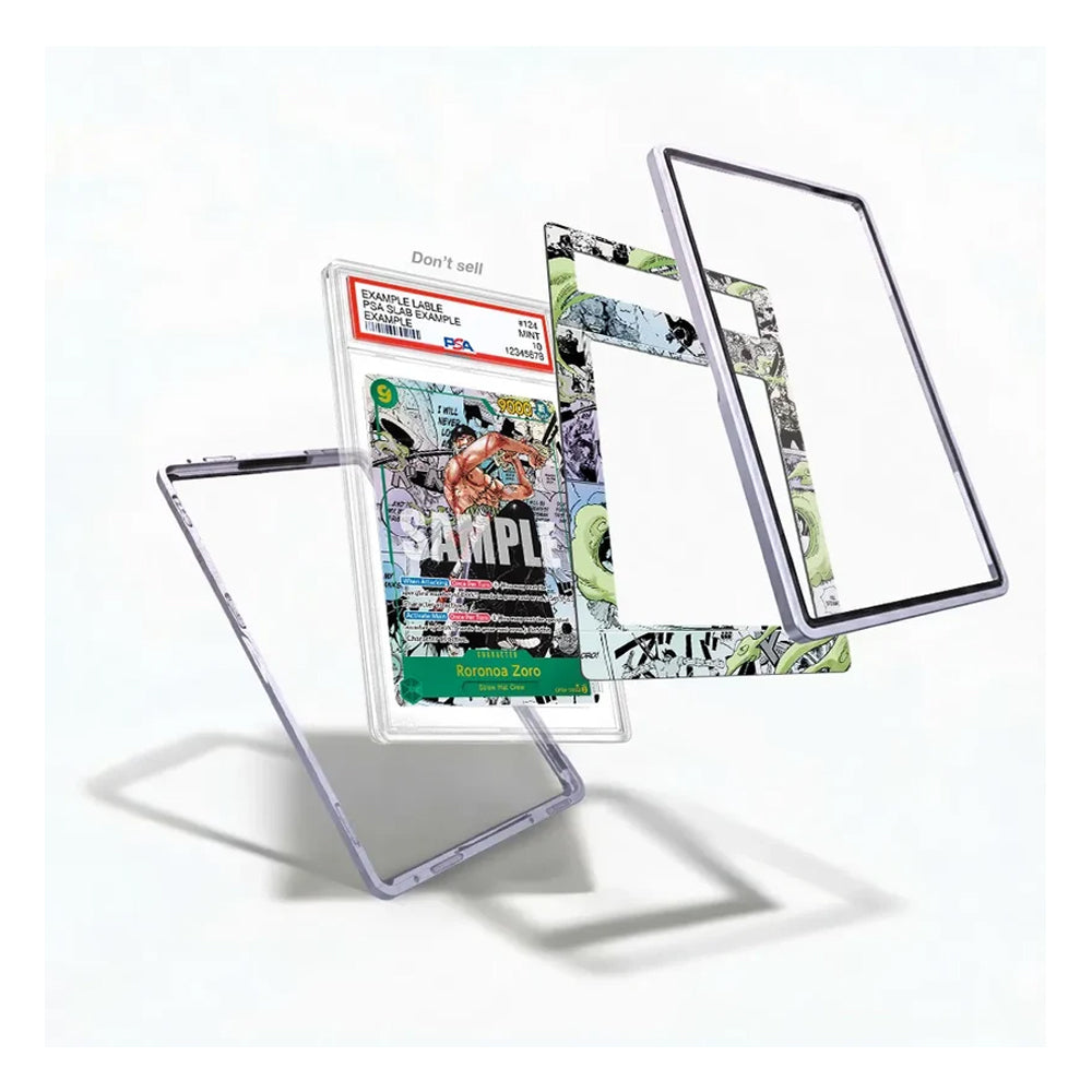 A clear acrylic tablet case shown disassembled with multiple components floating against a white background, including a transparent back panel, a patterned inner sleeve with comic-style artwork, and a clear front bezel frame.