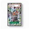 A collectible card or sticker featuring a comic-style illustrated character with a green and black background, shown inside a clear protective sleeve on a white background. The card includes sample text fields and a large semi-transparent 'SAMPLE' watermark across the center.