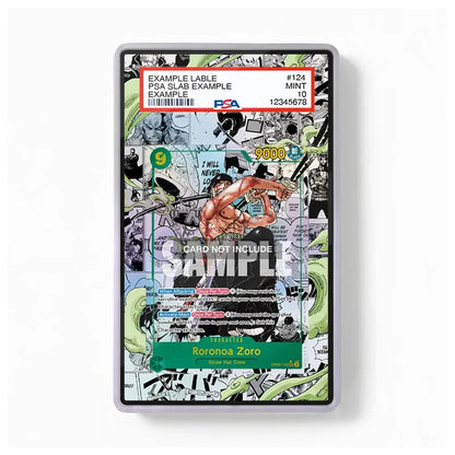 A collectible card or sticker featuring a comic-style illustrated character with a green and black background, shown inside a clear protective sleeve on a white background. The card includes sample text fields and a large semi-transparent 'SAMPLE' watermark across the center.