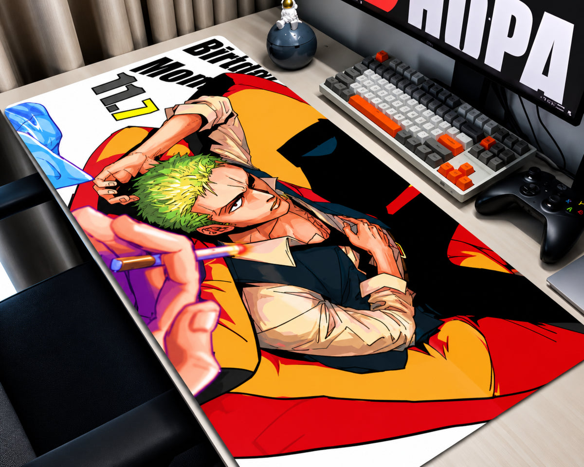 Roronoa Zoro One Piece anime gaming mouse pad featuring green hair, a stylish black and cream outfit, and bold red yellow black and white superhero-inspired artwork.