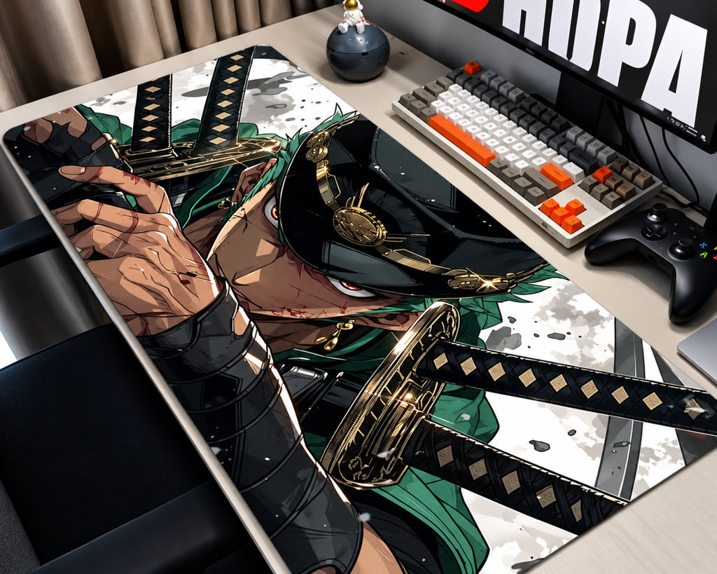 A large desk mat featuring an anime character illustration with a katana, styled on a desk next to a keyboard, controller, and monitor.