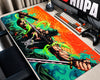Roronoa Zoro One Piece gaming mouse pad featuring three katanas, spiky green hair, dark samurai clothing, neon green energy effects, and a fiery orange turquoise background.