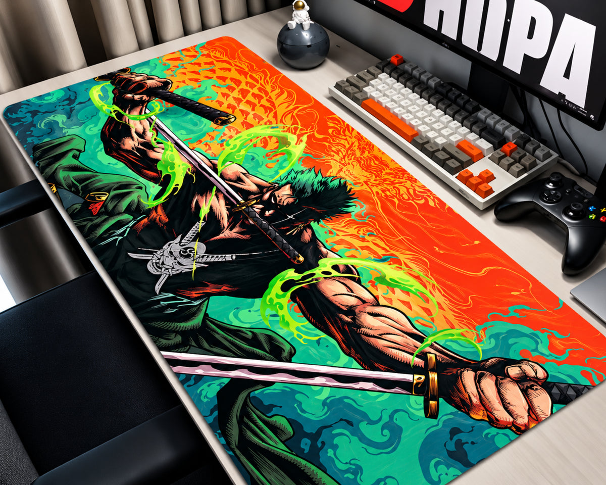 Roronoa Zoro One Piece gaming mouse pad featuring three katanas, spiky green hair, dark samurai clothing, neon green energy effects, and a fiery orange turquoise background.