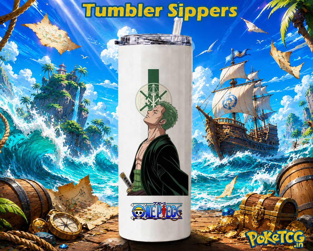 White tumbler sipper featuring Roronoa Zoro with green hair, swords, and a green sword-themed emblem, with the One Piece logo at the bottom against a tropical pirate adventure background.