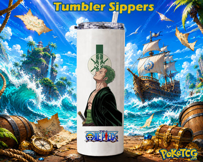 White tumbler sipper featuring Roronoa Zoro with green hair, swords, and a green sword-themed emblem, with the One Piece logo at the bottom against a tropical pirate adventure background.