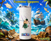 White 20 oz tumbler sipper featuring Roronoa Zoro in a dynamic three-sword fighting pose, wearing his signature green outfit, with the One Piece logo against a vibrant tropical pirate island and ocean background.
