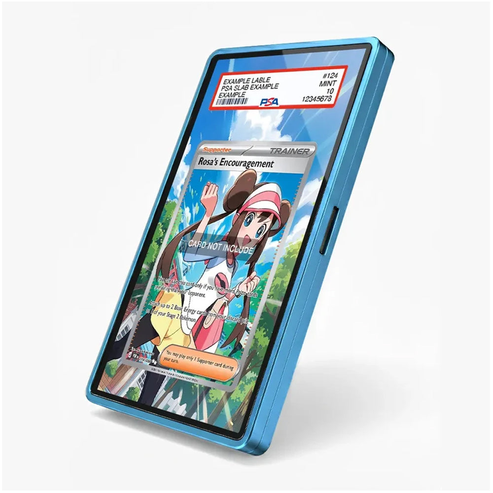 A blue protective phone case shown at an angle on a light gray background, with a Pokémon trading card mockup displayed on the phone screen inside the case.