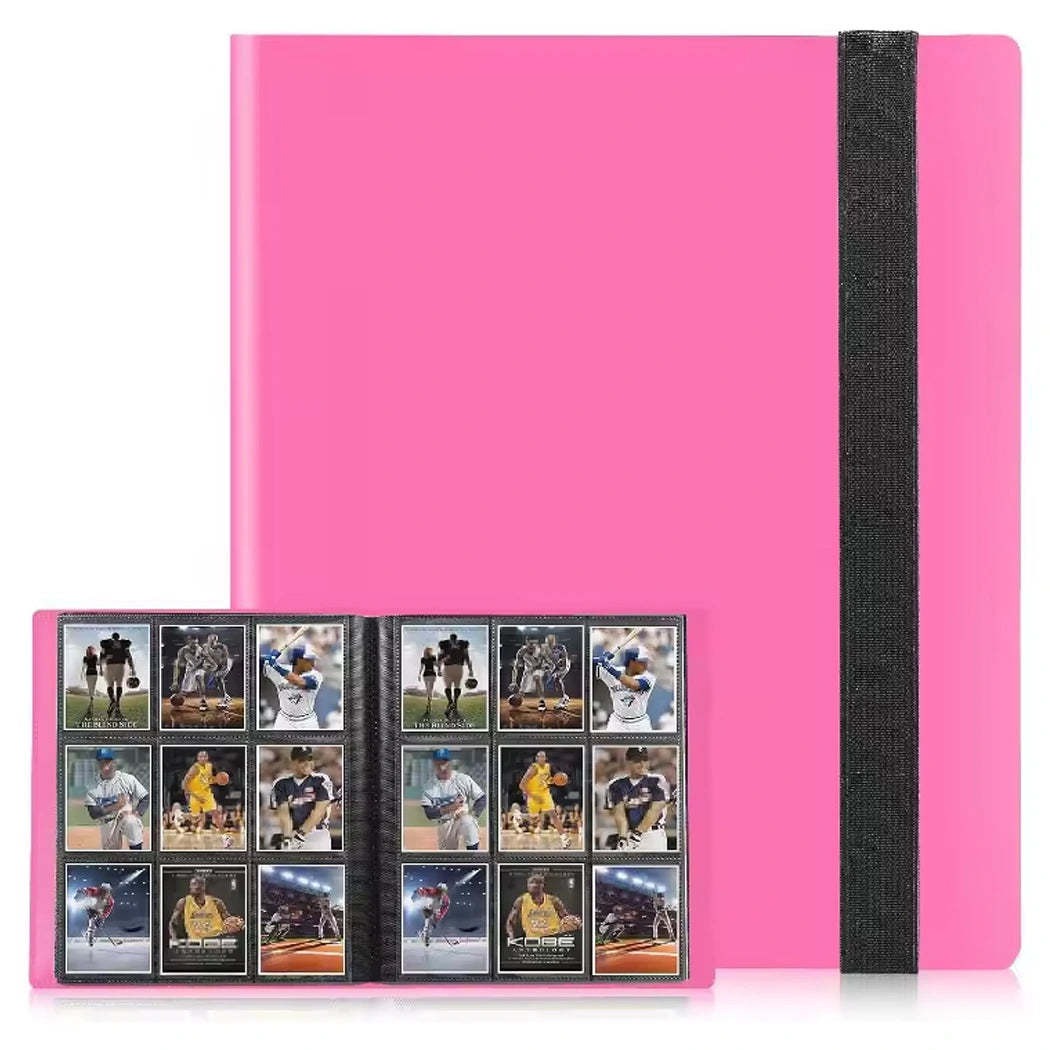 Pink trading card album with black binding holding sports trading cards on a white background