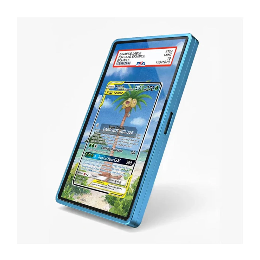 A blue protective phone case shown at an angle on a light gray background, with a sample Pokémon trading card mockup displayed on the screen.
