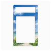 A rectangular picture frame with a tropical beach scene printed around the border. The top and bottom sections show a blue sky with white clouds, while the sides depict turquoise water and green beach foliage.