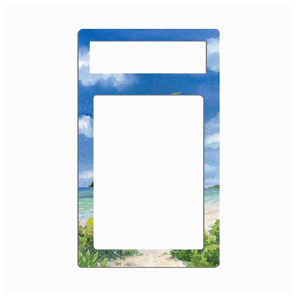 A rectangular picture frame with a tropical beach scene printed around the border. The top and bottom sections show a blue sky with white clouds, while the sides depict turquoise water and green beach foliage.