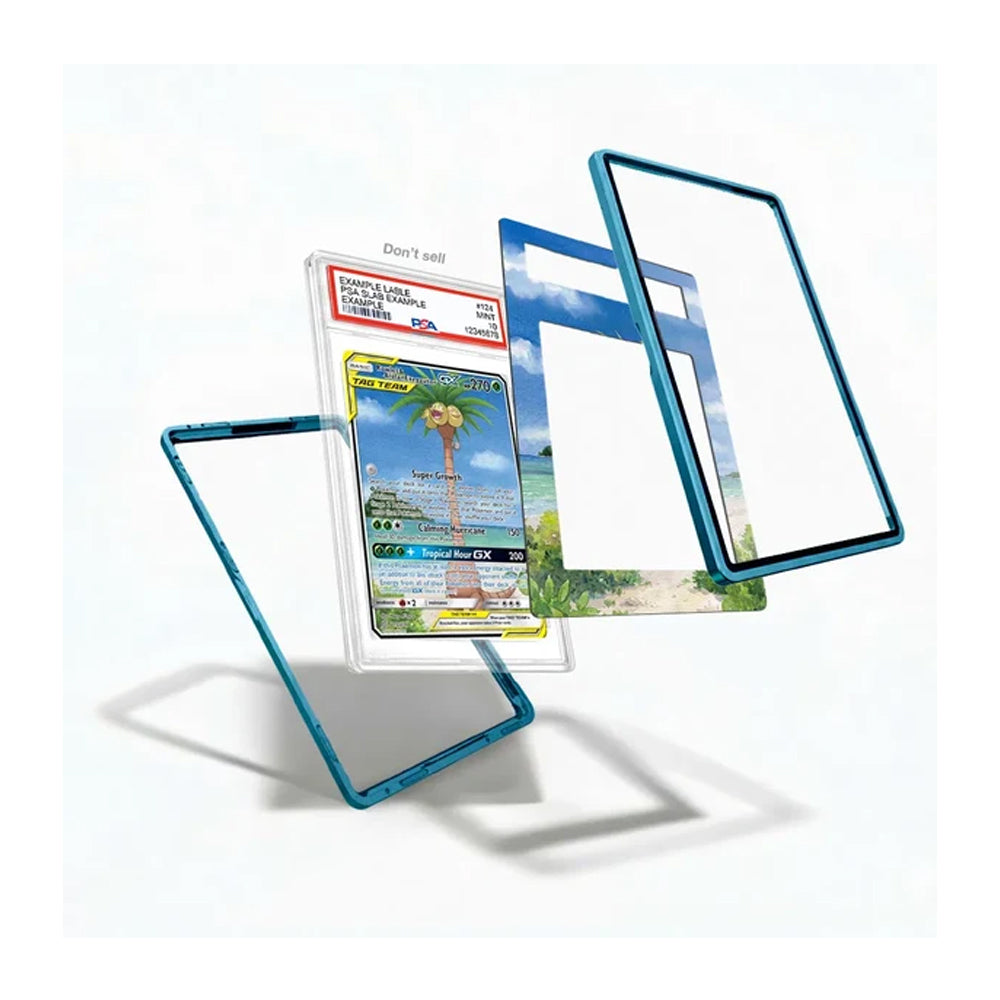 A set of clear protective frames with metallic teal-blue borders, shown floating around a graded trading card on a clean white background.