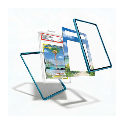 A set of clear protective frames with metallic teal-blue borders, shown floating around a graded trading card on a clean white background.