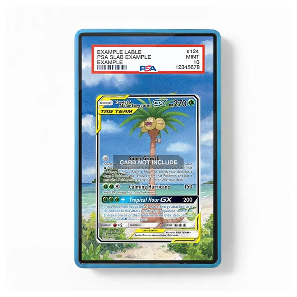 A PSA graded protective slab containing a sample trading card, shown against a plain white background. The slab has a blue border and a red header card at the top with PSA branding and grading details.