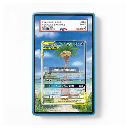 A PSA graded protective slab containing a sample trading card, shown against a plain white background. The slab has a blue border and a red header card at the top with PSA branding and grading details.