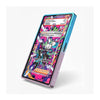 A smartphone shown at an angle on a clean white background, featuring a colorful, graffiti-style skin or wrap around the screen and frame with blue, purple, pink, orange, and black graphic elements.