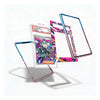 Three clear phone case frames with colorful printed borders are shown floating against a white background, with one frame displayed around a Pokémon TCG card graded PSA.