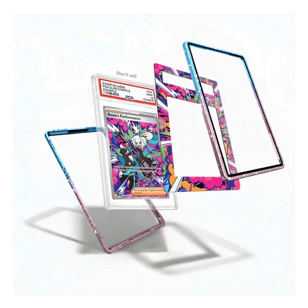 Three clear phone case frames with colorful printed borders are shown floating against a white background, with one frame displayed around a Pokémon TCG card graded PSA.