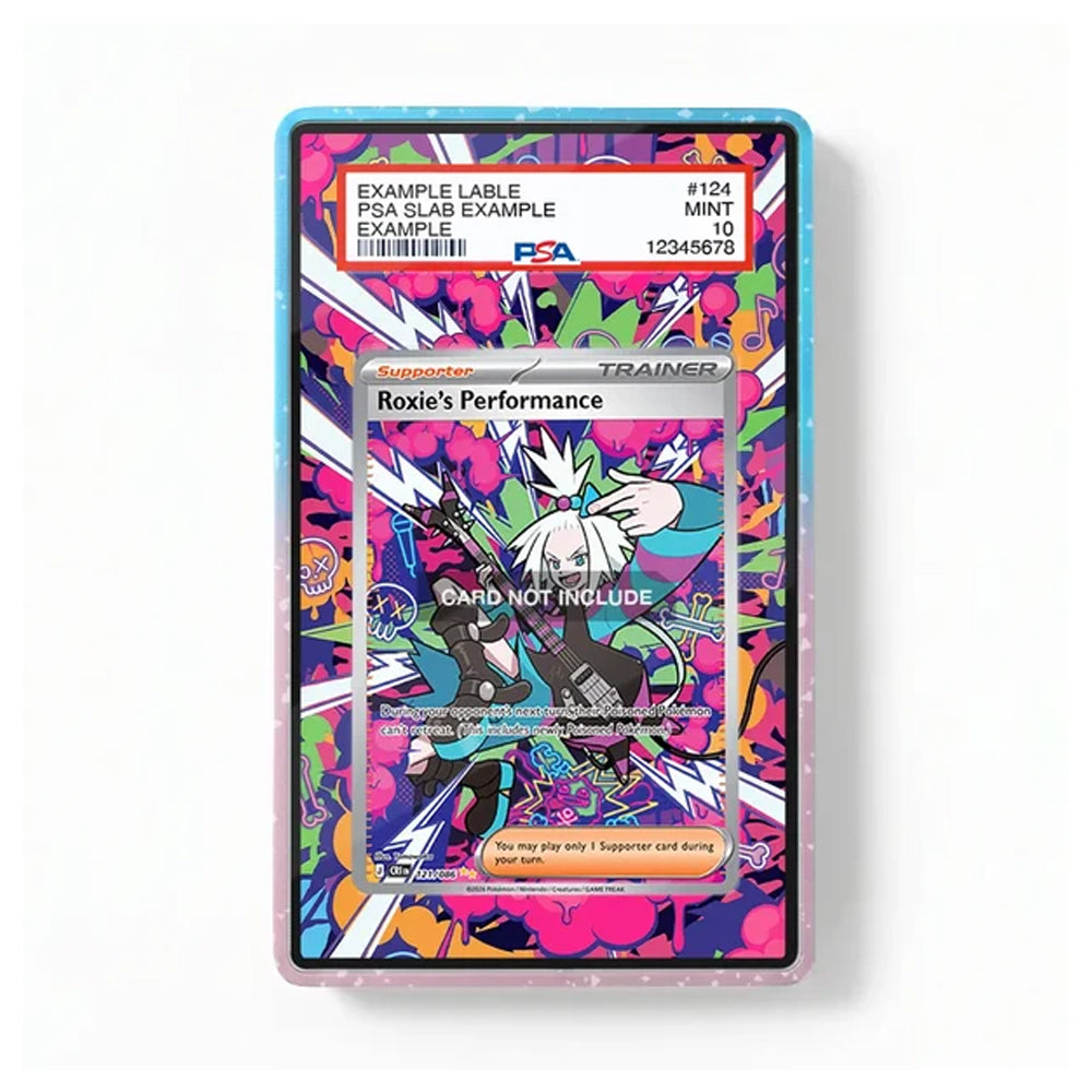 A collectible PSA graded trading card in a clear protective slab with a blue and pink glitter border, on a clean white background. The card features a colorful graffiti-style design with the text 'Roxie's Performance' and a PSA slab label at the top.