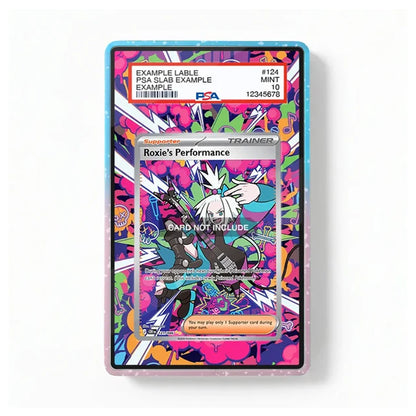 A collectible PSA graded trading card in a clear protective slab with a blue and pink glitter border, on a clean white background. The card features a colorful graffiti-style design with the text 'Roxie's Performance' and a PSA slab label at the top.