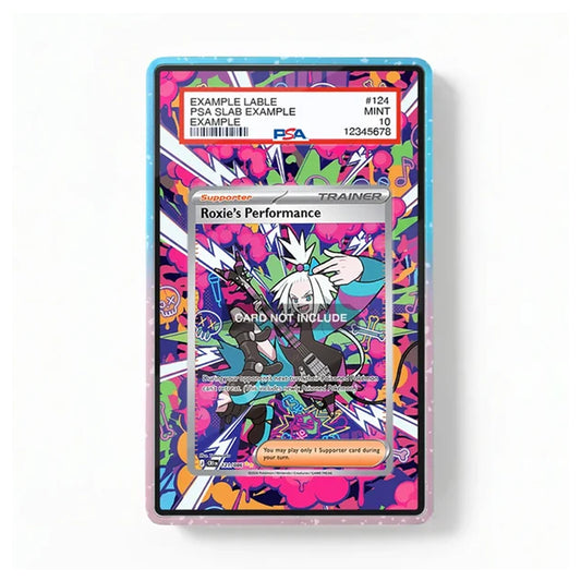 A collectible PSA graded trading card in a clear protective slab with a blue and pink glitter border, on a clean white background. The card features a colorful graffiti-style design with the text 'Roxie's Performance' and a PSA slab label at the top.