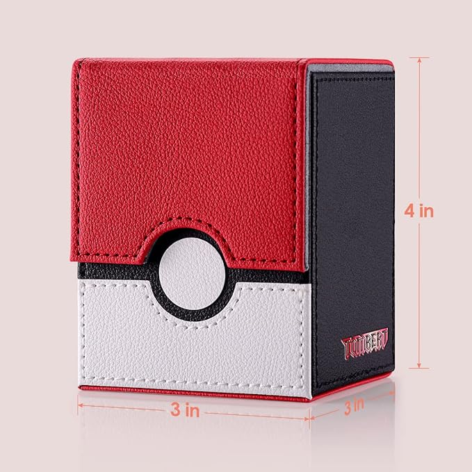 Poké Ball-themed card holder with dimensions on a light pink background