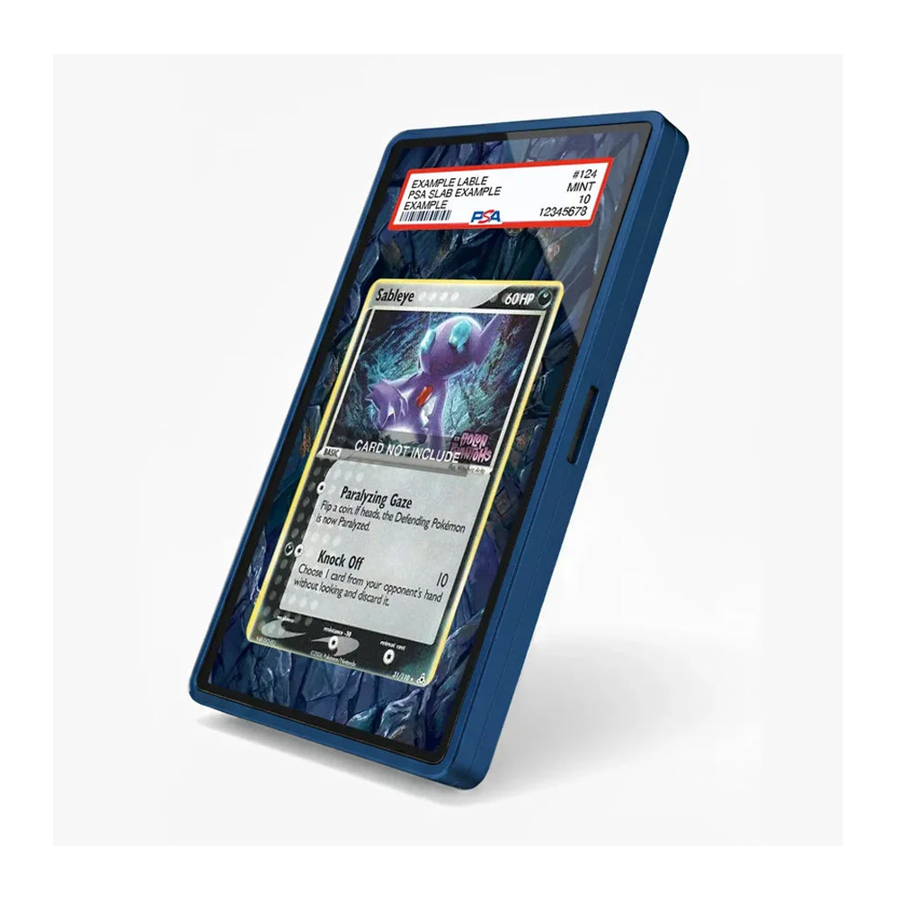 A blue protective case for a collectible card, shown standing upright on a light gray background. The case has a clear front window displaying a holographic Pokémon card, with a PSA grading label at the top.