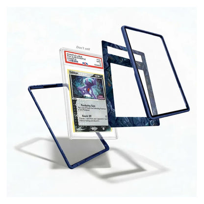 A clear acrylic Pokémon TCG card protector case with a dark blue border, shown holding a graded PSA Pokémon card and displayed in multiple angles on a white background.