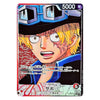 A Japanese anime trading card featuring the character Sabo from One Piece, with his signature blonde hair, goggles, and blue outfit. The card includes Japanese text, a 5000 power value, and a 5-star symbol, set against a plain white background.