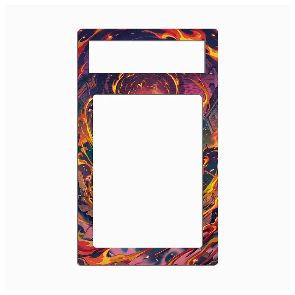 A rectangular plastic phone charger wall mount plate with a vibrant, swirling flame-like pattern in orange, yellow, red, and purple, shown on a plain white background.