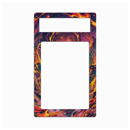 A rectangular plastic phone charger wall mount plate with a vibrant, swirling flame-like pattern in orange, yellow, red, and purple, shown on a plain white background.
