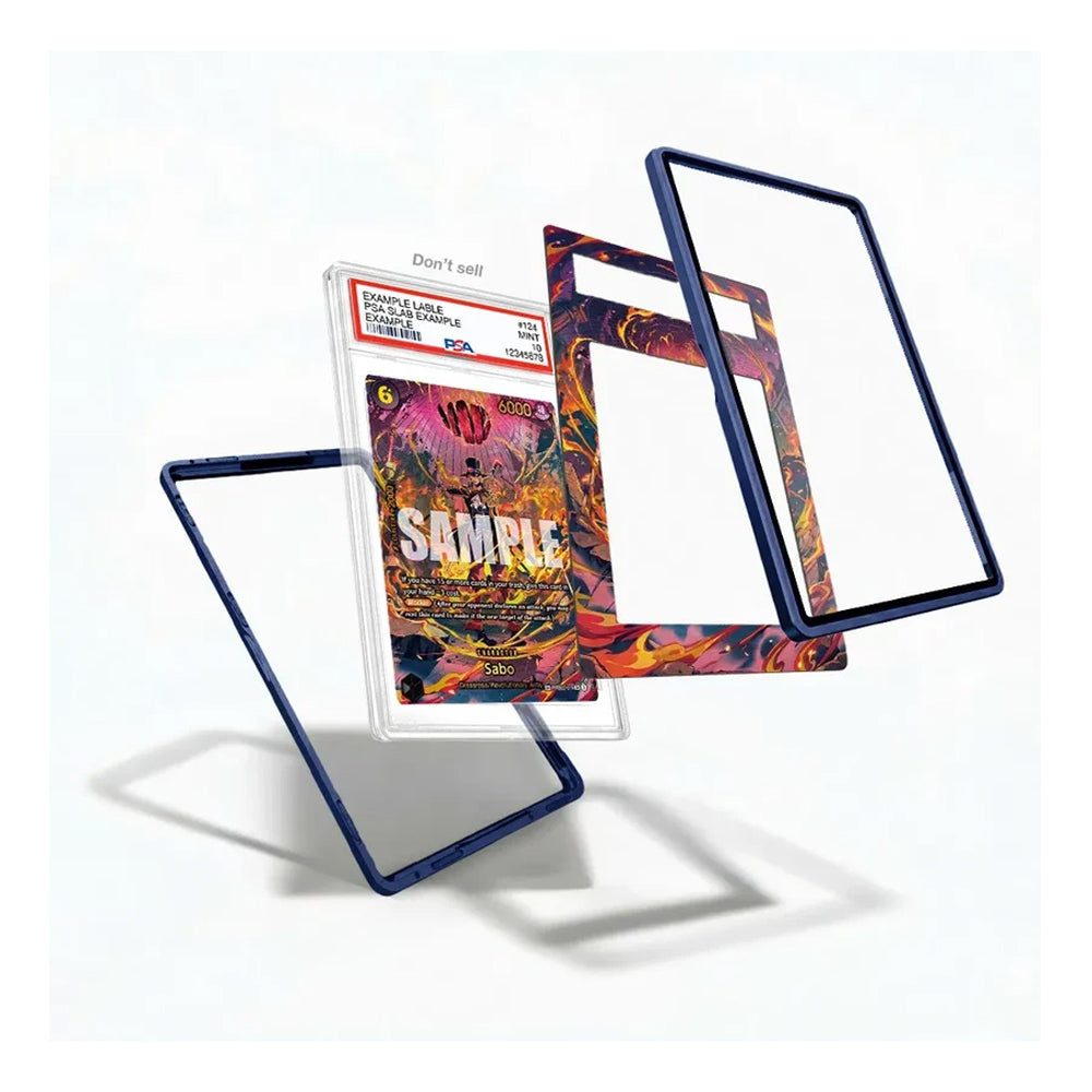A set of custom protective frames for a graded collectible card, shown floating against a white background. The frames feature a dark blue border and are decorated with a vibrant, multicolored psychedelic graphic print.
