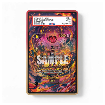 A PSA graded collectible card slab showing a colorful fantasy card artwork with a red border and a white PSA label at the top, photographed on a clean white background.