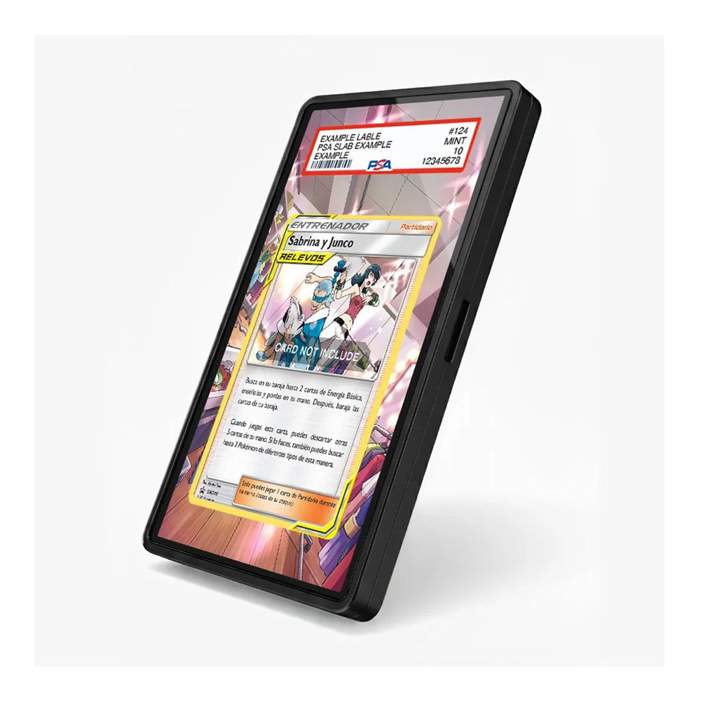 A black protective card display case shown at an angle, displaying a Pokémon TCG sample card inside. The case features a clear front window and a black bumper frame, set against a clean white background.