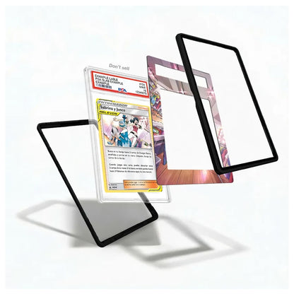 Three transparent acrylic card protectors with black borders are shown floating around a graded holographic trading card on a clean white background.