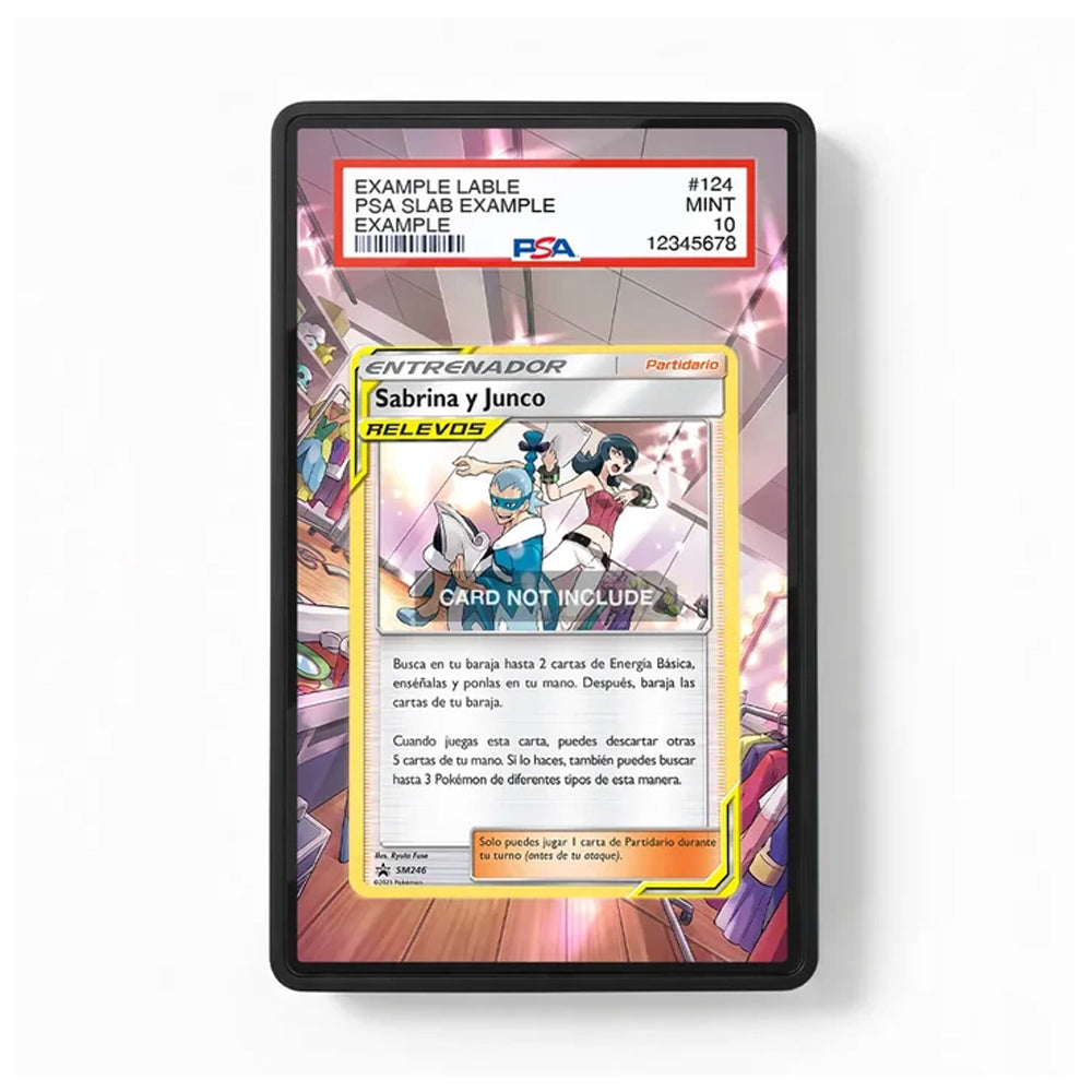 A black-framed rectangular display or frame holding a printed card design, shown against a plain white background. The card features anime-style artwork and Spanish text, with a red PSA-style top banner reading 'EXAMPLE LABE.