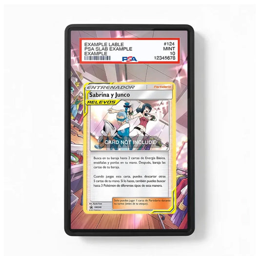 A black-framed rectangular display or frame holding a printed card design, shown against a plain white background. The card features anime-style artwork and Spanish text, with a red PSA-style top banner reading 'EXAMPLE LABE.
