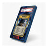 A blue protective case for a Pokémon trading card, shown standing upright on a white background. The case features a printed graphic of a gold-bordered Trainer card on the front, with a red and white PSA authentication label at the top.