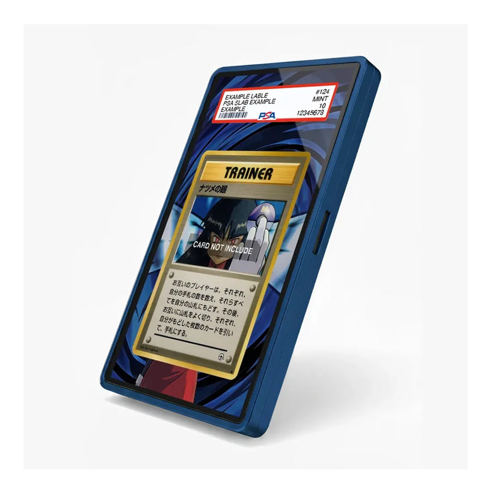A blue protective case for a Pokémon trading card, shown standing upright on a white background. The case features a printed graphic of a gold-bordered Trainer card on the front, with a red and white PSA authentication label at the top.