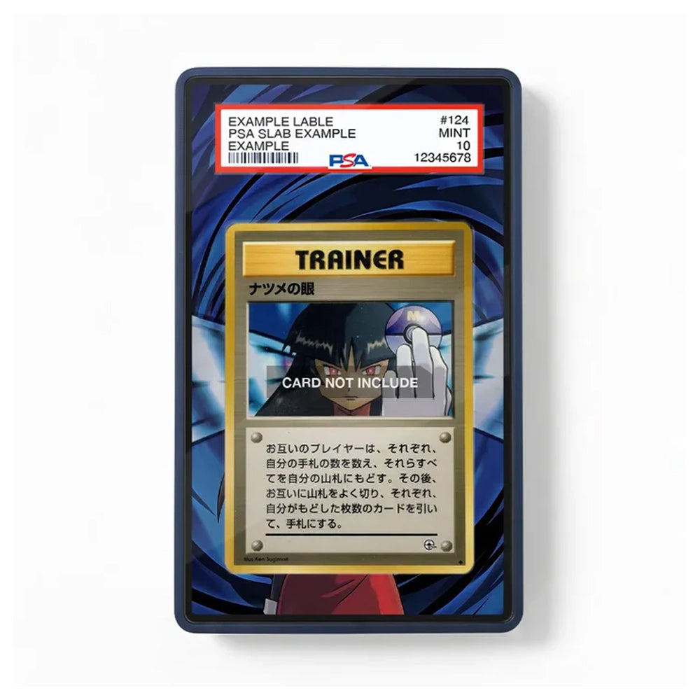 A PSA graded protective card case containing a mock trainer card from the Pokémon TCG, with a clear top label showing the PSA slab details.