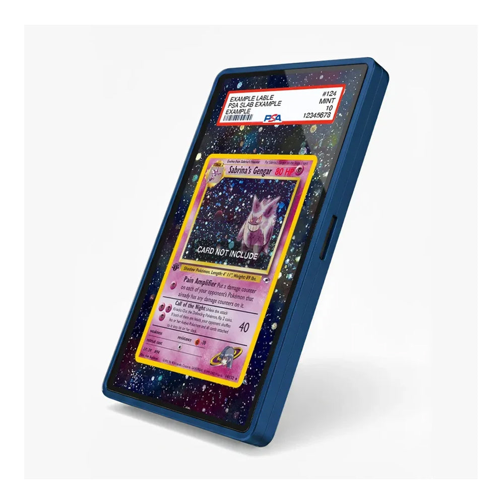 A blue protective case shown standing upright at an angle on a light gray background. The case contains a mockup of a Pokémon trading card with a dark starry space design and sample text labels visible on the screen area.