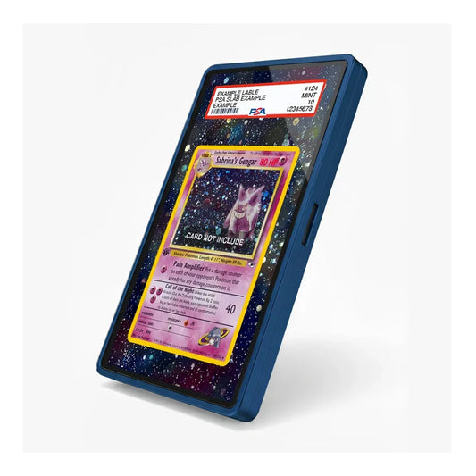A blue protective case shown standing upright at an angle on a light gray background. The case contains a mockup of a Pokémon trading card with a dark starry space design and sample text labels visible on the screen area.