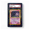 A PSA-graded collectible card slab showing a Sabrina's Gengar card, with the slab itself mounted on a dark, starry space-patterned background. The slab has a red and white PSA label at the top and a yellow border around the inner card.