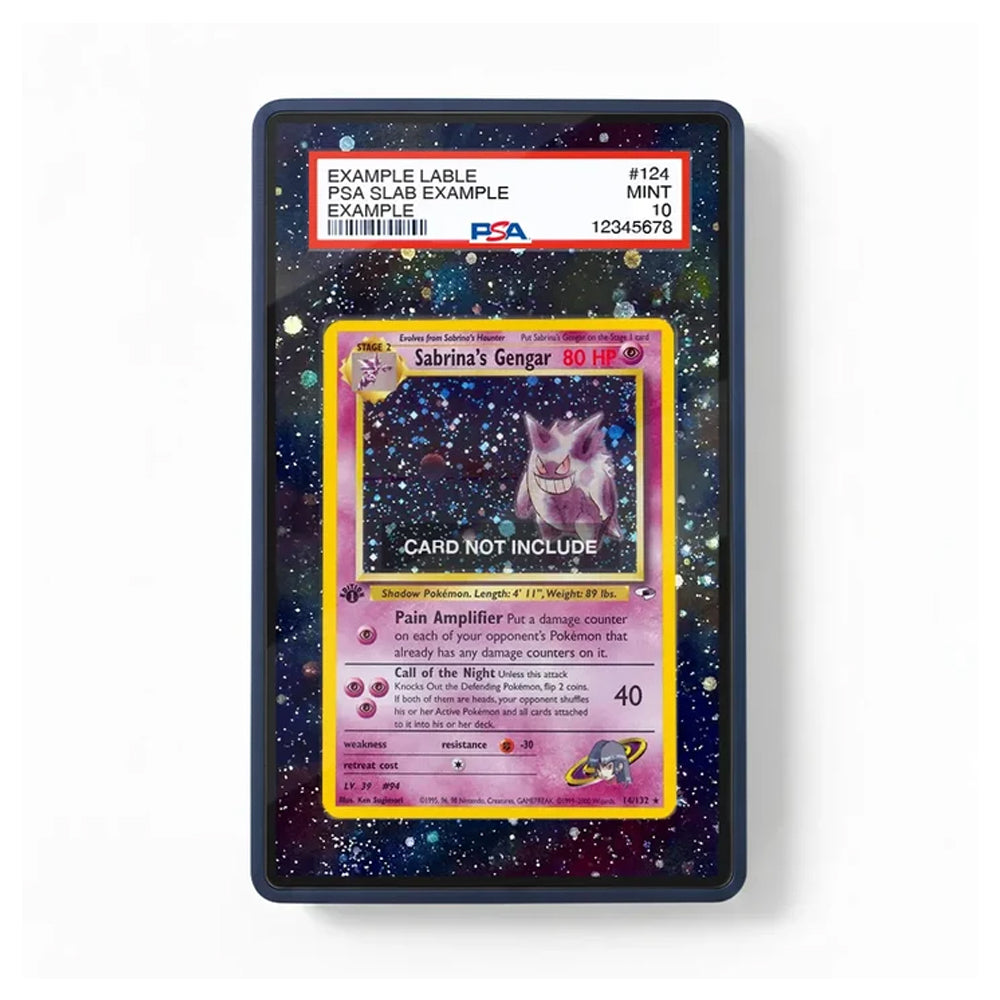A PSA-graded collectible card slab showing a Sabrina's Gengar card, with the slab itself mounted on a dark, starry space-patterned background. The slab has a red and white PSA label at the top and a yellow border around the inner card.