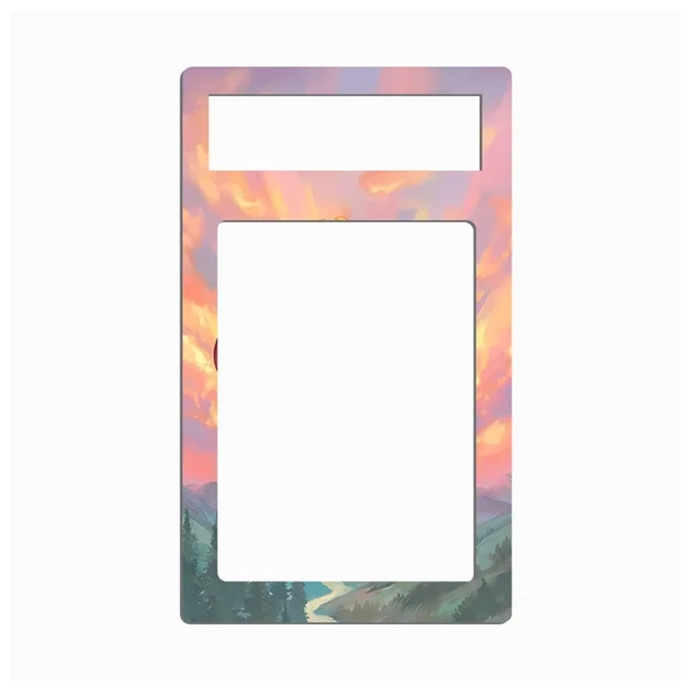 A rectangular light switch plate cover featuring a colorful landscape illustration with a sunset sky in orange, pink, and purple hues, and pine trees at the bottom, shown on a plain white background.