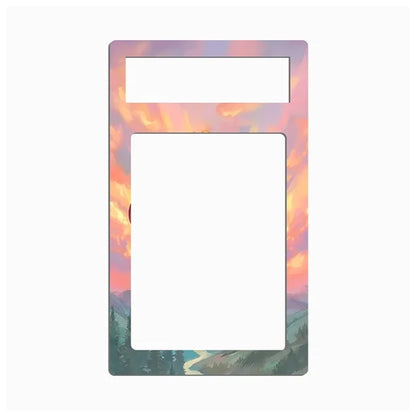 A rectangular light switch plate cover featuring a colorful landscape illustration with a sunset sky in orange, pink, and purple hues, and pine trees at the bottom, shown on a plain white background.