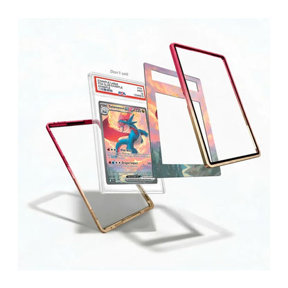 Three clear acrylic card frames with red, gold, and black borders are shown floating around a graded Pokémon TCG card on a white background.