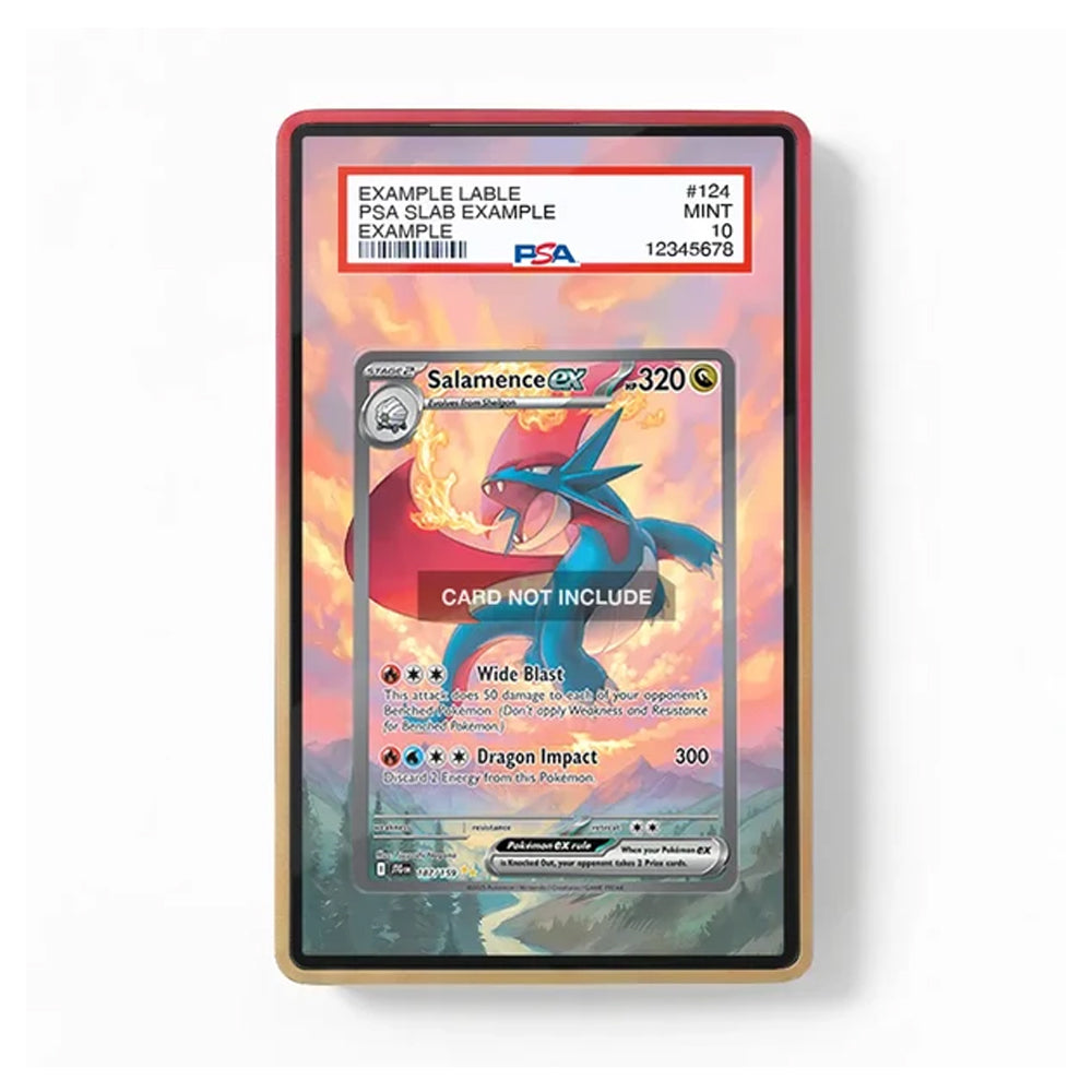 A PSA graded sample Pokémon trading card showing a Salamence card inside a clear display sleeve with a red top border and gold-toned edge, photographed on a plain white background.