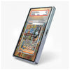 A silver-framed tablet device shown standing upright at an angle on a light gray background, with a colorful illustrated screen displaying a card-like graphic and a small red-and-white label at the top.