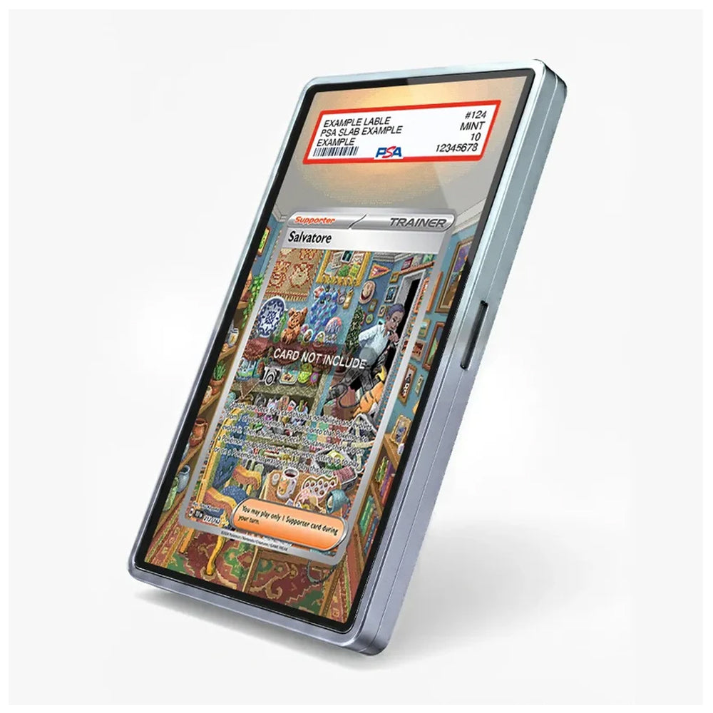 A silver-framed tablet device shown standing upright at an angle on a light gray background, with a colorful illustrated screen displaying a card-like graphic and a small red-and-white label at the top.